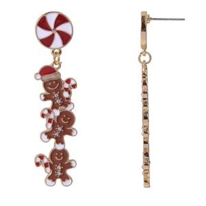 🌸3/$25 🆕 Linear Stacked Gingerbread Candy Cane Enamel & Gold Holiday Earrings